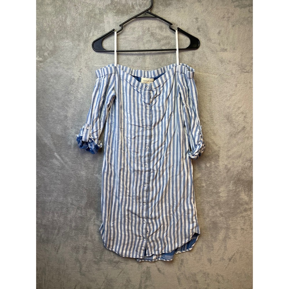 Cloth & Stone Blue White Striped Off Shoulder Button Down Tunic Dress PXXS